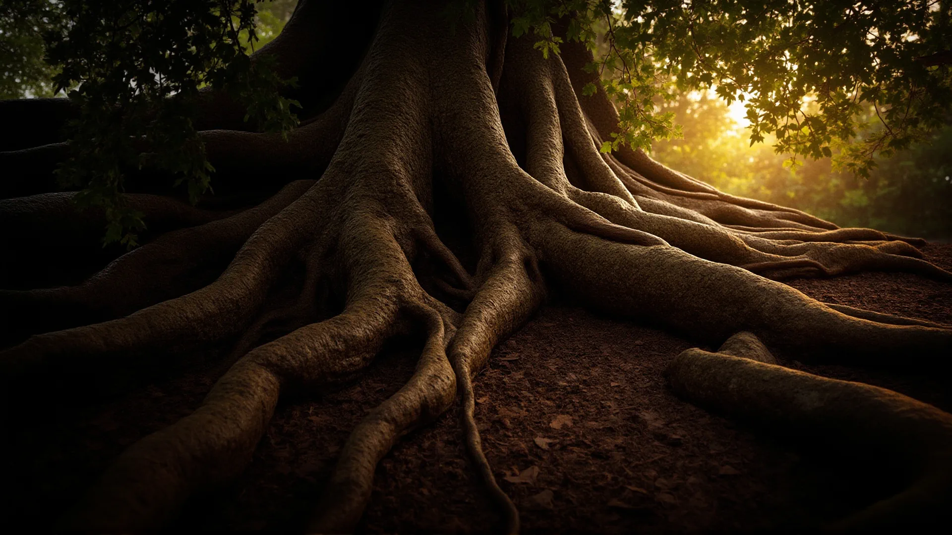 Step 5 — Integrate: a large tree with roots gripping the earth under warm golden light, symbolising settling in.
